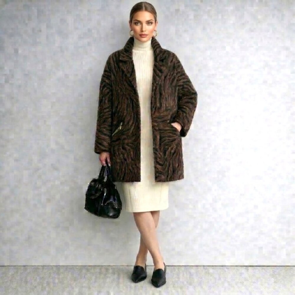 NWT Maison Cinqcent Zebra Wool Coat | Faux Sheared Fur Drop Shoulder, Sz S